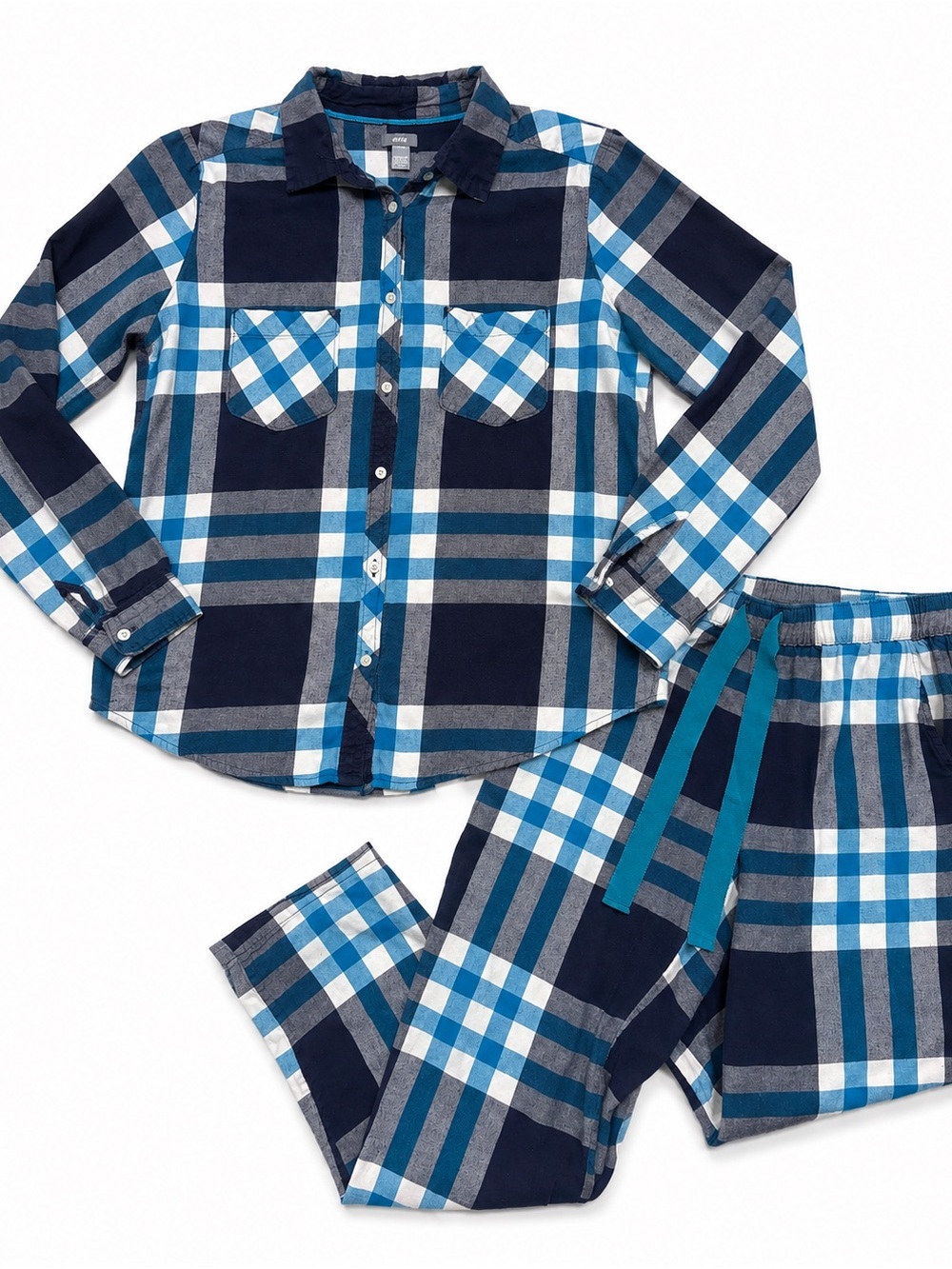 Aerie Plaid Flannel Pajama Set Blue Navy White Top M Bottom XS